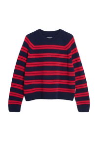 Marineblauer Pullover mit roten horizontalen Streifen, gestrickter Textur, Rundhalsausschnitt und langen Ärmeln. Mit gerippten Bündchen und Saum.
