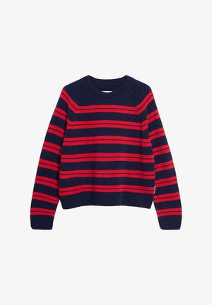 Navy gebreide trui met rode horizontale strepen, ronde hals, en lange mouwen. Heeft ribbelkante manchetten en zoom.