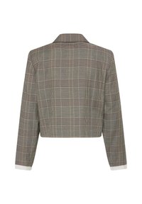 Veste courte à carreaux grise avec manches longues et col, montrant un motif à carreaux dans des tons atténués vue de dos.