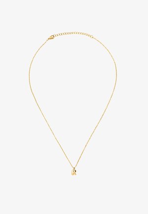 Collana con catena in oro, con un piccolo ciondolo a forma della lettera "R" e chiusura a moschettone con maglie regolabili.