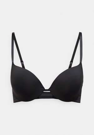 Črni podložen modrček s tankimi nastavljivimi trakovi in majhnim izrezom na sredini spredaj.