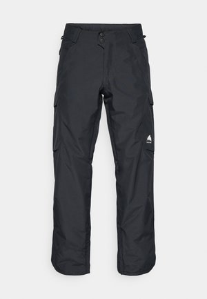 Pantaloni da neve impermeabili neri con vestibilità ampia, dotati di due tasche laterali, una tasca cargo sulla coscia e un logo sulla parte inferiore della gamba.
