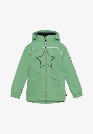 Grüne Jacke mit Kapuze, ausgestattet mit einer schwarzen Sternumrandung auf der Vorderseite, weißen Akzenten, elastischen Bündchen und zwei vorderen Taschen. Mit Reißverschluss.