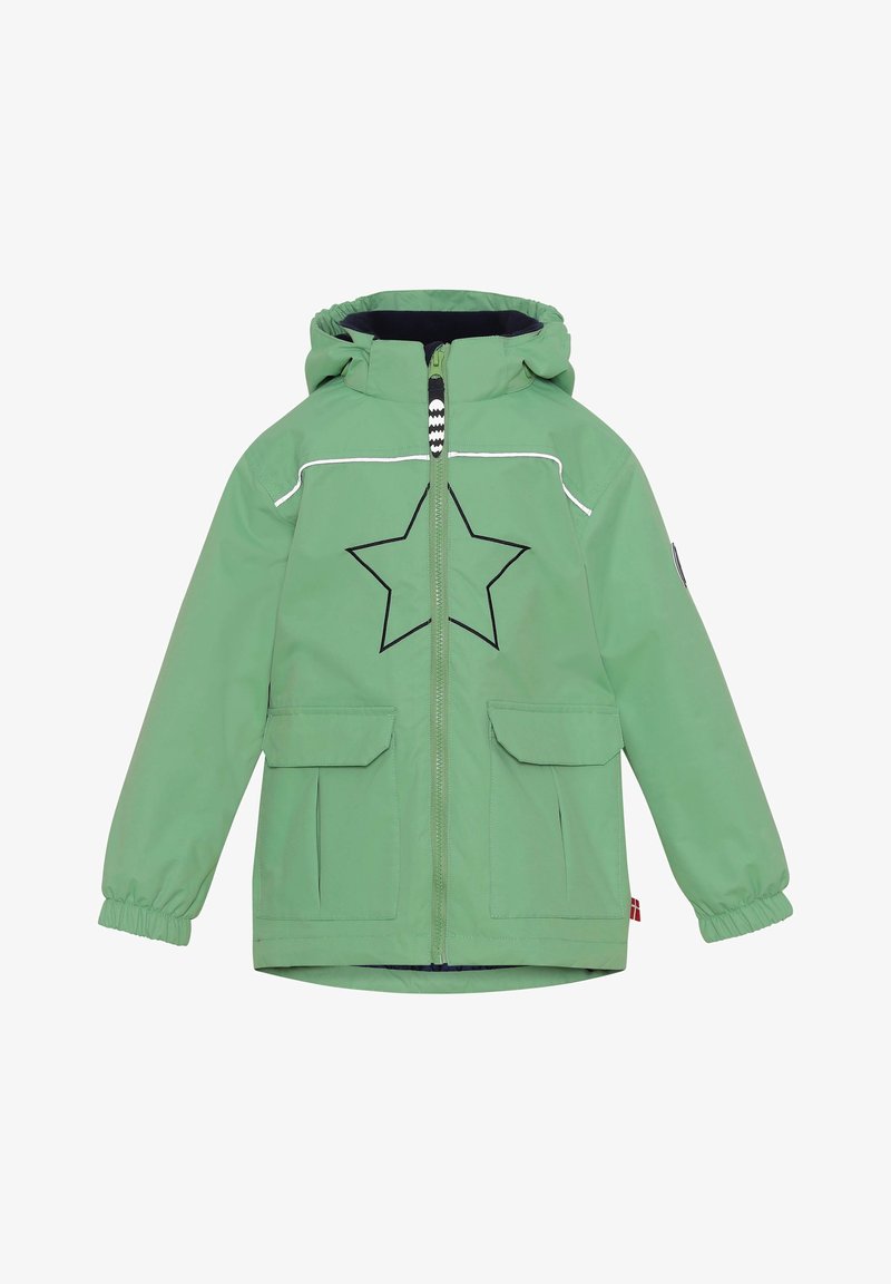 Grüne Jacke mit Kapuze, ausgestattet mit einer schwarzen Sternumrandung auf der Vorderseite, weißen Akzenten, elastischen Bündchen und zwei vorderen Taschen. Mit Reißverschluss.