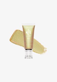 Tubetto di Danessa Myricks Beauty Colorfix Foils, pigmento glitter liquido waterproof con riflessi dorati, con una campionatura sullo sfondo bianco.