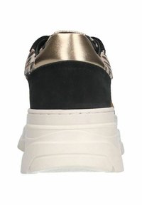 Black suede sneaker with a gold metallic heel and white chunky sole, featuring a patterned design across the upper and rounded toe.