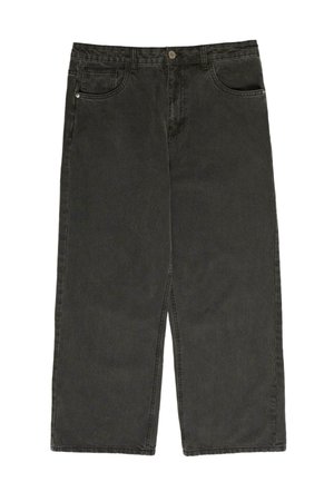 Black denim wide-leg trousers with a high waist, five pockets, and a button closure. Soft texture and straight cut design.