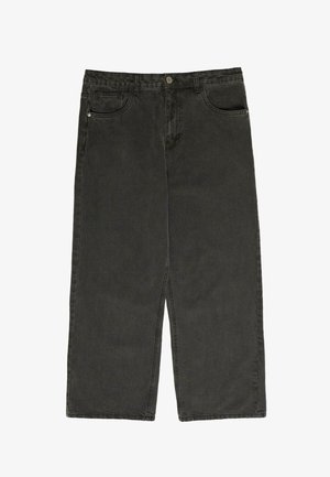 Zwarte denim wijd uitlopende broek met hoge taille, vijf zakken en knoopsluiting. Zachte textuur en recht gesneden ontwerp.