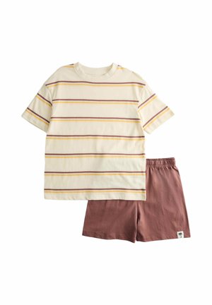 Cream short-sleeve T-shirt with yellow and brown horizontal stripes paired with brown elastic-waist shorts featuring a small palm tree logo.