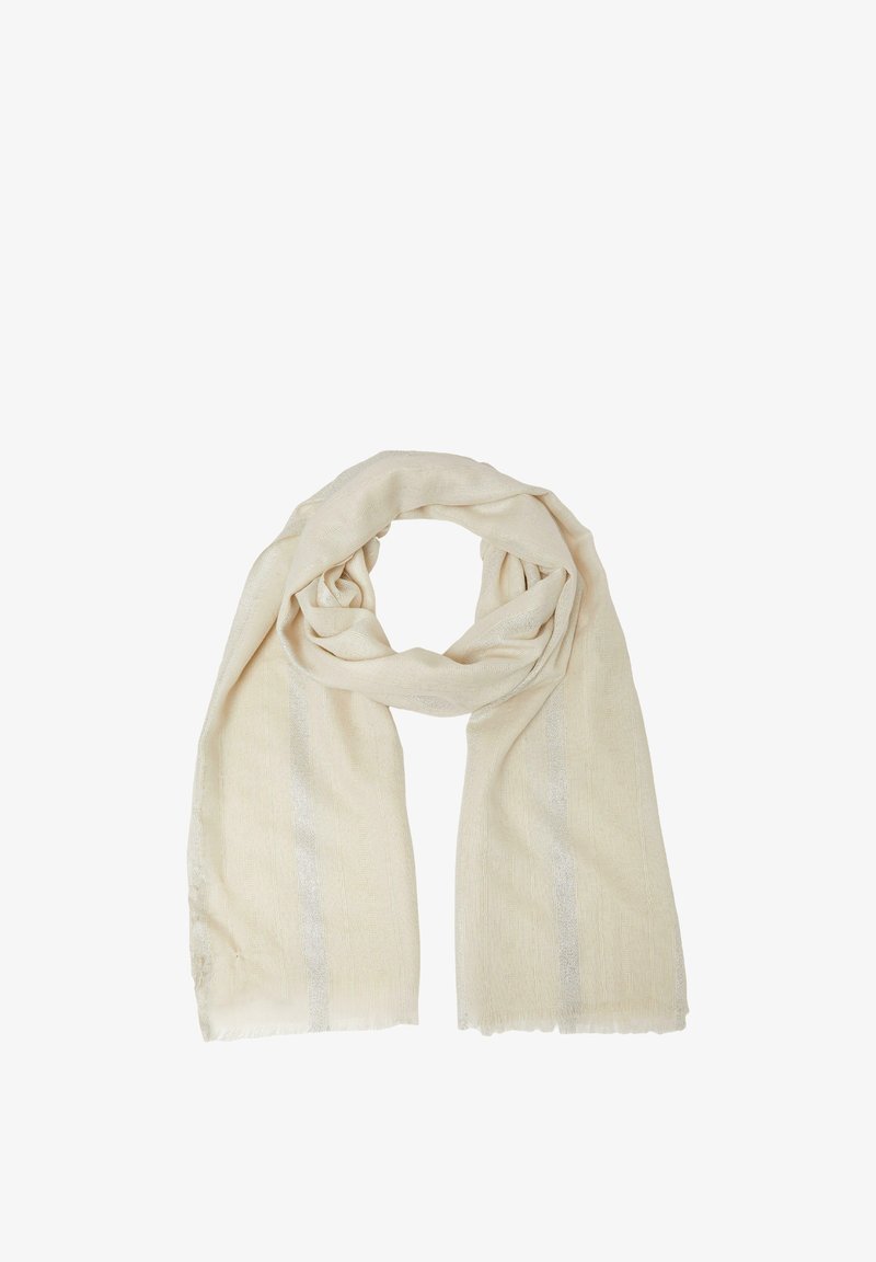 Écharpe couleur crème en tissu doux, présentant une texture subtile et des rayures argentées. Légère et drape élégamment.