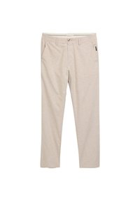 Pantalones de color beige claro con una tela texturada, que cuentan con dos bolsillos laterales y un cierre de botón. Diseño de pierna recta, ajuste casual.