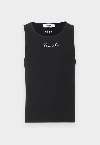 Débardeur noir sans manches en tissu côtelé avec le texte "Endorphin" brodé en blanc et une étiquette de marque MSGM au niveau de l'encolure.