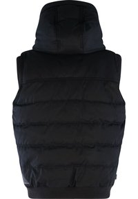 Gilet invernale smanicato nero con cappuccio, caratterizzato da sezioni trapuntate, orlo a coste e texture liscia. Nessuna ferramenta o decorazione visibile.