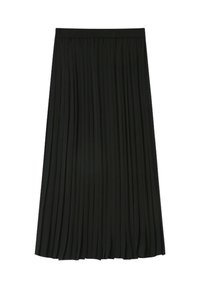 Jupe midi plissée noire avec une taille élastique, présentant des plis verticaux et une texture lisse sur toute sa surface.