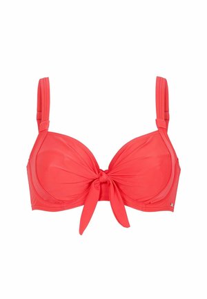 Korallfärgad bikinitopp med bålstöd, justerbara axelband och en framknutning. Slät textur med en åtsittande design och formade kupor.