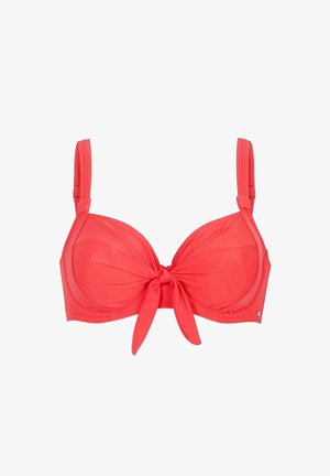 Korallfärgad bikinitopp med bålstöd, justerbara axelband och en framknutning. Slät textur med en åtsittande design och formade kupor.