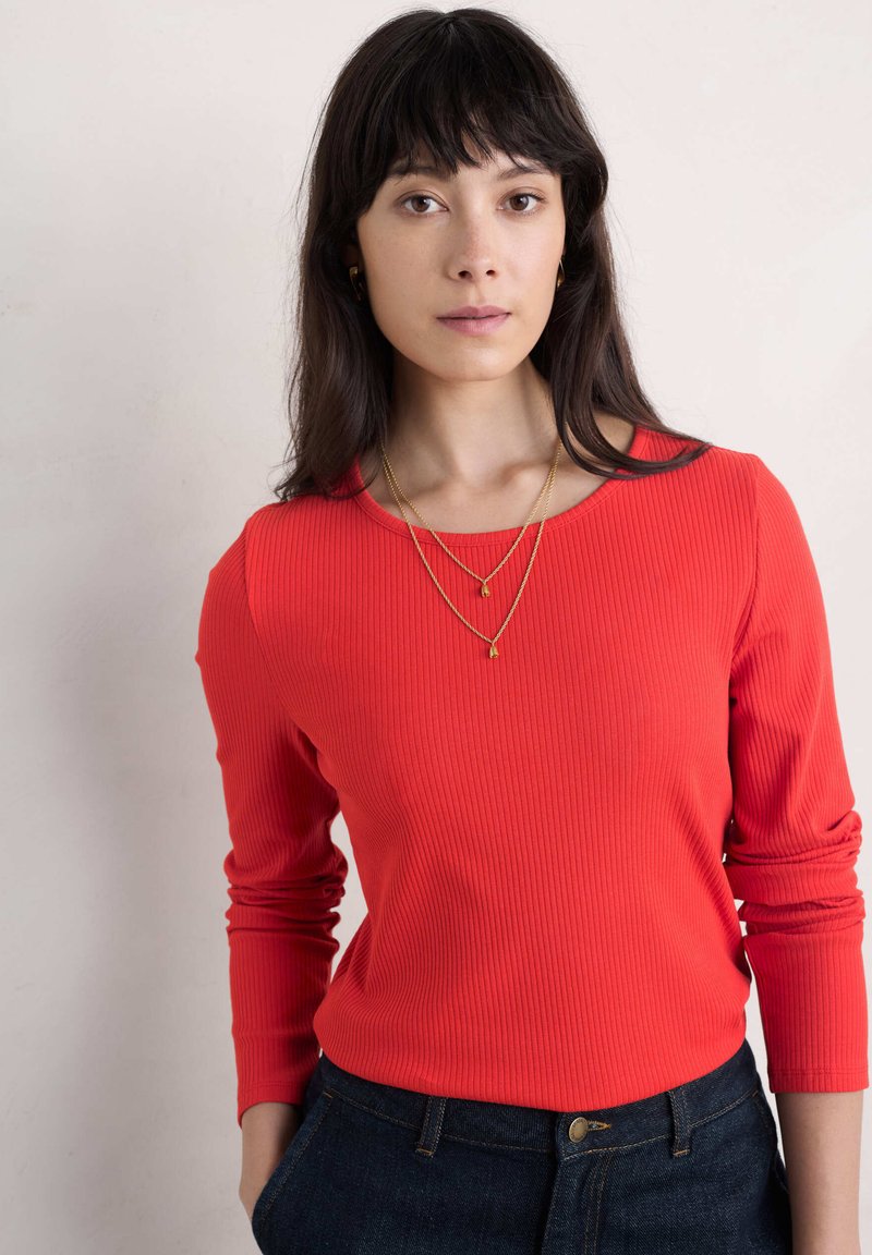 Maglietta Donna Finto Due Pezzi Manica Lunga – Top A Collo Rotondo In Viscosa Ed Elastan, Rosso Ruggine E Bianco - 5