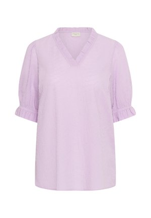Blusa viola chiaro testurizzata con maniche corte a sbuffo e collo a V con volant.