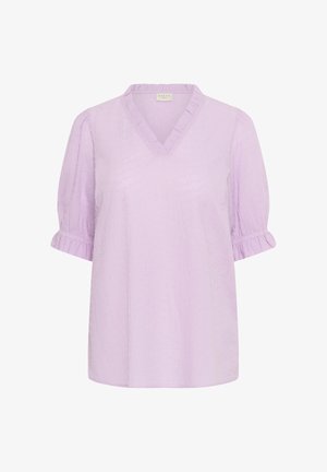 Blusa viola chiaro testurizzata con maniche corte a sbuffo e collo a V con volant.