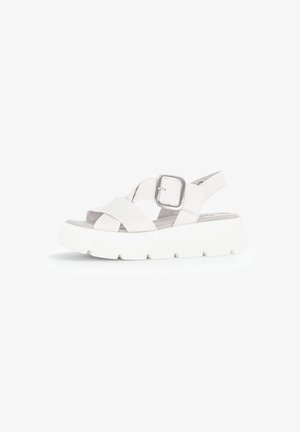 Witte plateau-sandalen met een brede kruisbandontwerp, verstelbare gesp en een gestructureerde zool voor extra grip. Gladde faux leren materiaal.