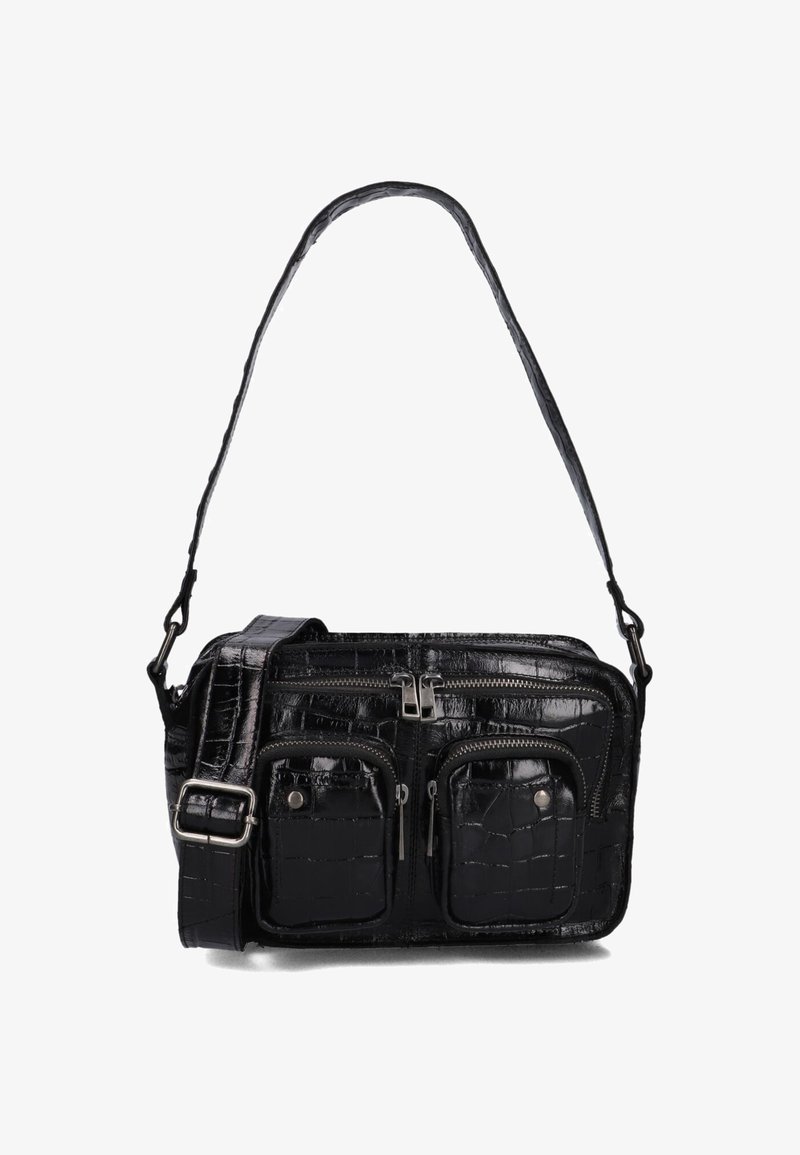Black faux leather crossbody bag with crocodile texture, two front zip pockets, and an adjustable strap. Features silver-tone hardware.