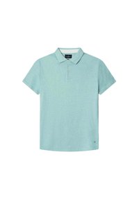Camisa polo verde claro hecha de un tejido texturizado, con un cuello clásico, tres botones y un pequeño logo en la parte inferior izquierda.