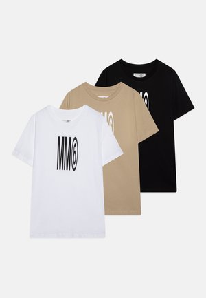 Three short-sleeve T-shirts in white, beige, and black, featuring a bold black spiral logo design on the front. Soft cotton fabric.