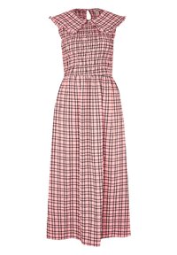 Rosa rutigt midiklänning med smockad byst, korta ärmar, en nyckelhålsöppning i ryggen och en svängd kjol.