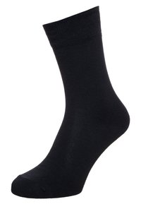 Schwarze Baumwollsocke mit geripptem Bund, glatter Textur und normaler Schafthöhe. Entwickelt für Komfort und Haltbarkeit.