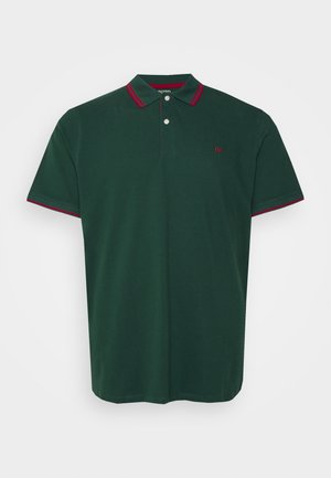 Polo vert en coton, doté d'un col côtelé avec des accents rouges, d'une patte à deux boutons et d'un logo brodé sur la poitrine.
