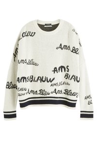 Pull couleur crème avec motifs en texte noir, doté d'un col rond, de manches longues et d'un ourlet côtelé avec des rayures bleu marine.