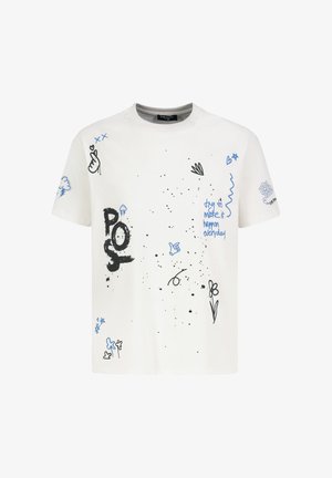 White short-sleeve t-shirt with black and blue doodles, including flowers, thumbs-up, clouds, hearts, and text "try to make it happen everyday."