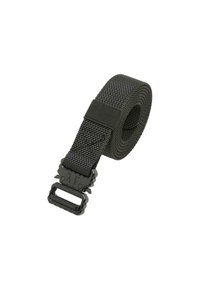 Black nylon belt with a textured weave and adjustable length. Features a durable plastic buckle and a smooth finish.