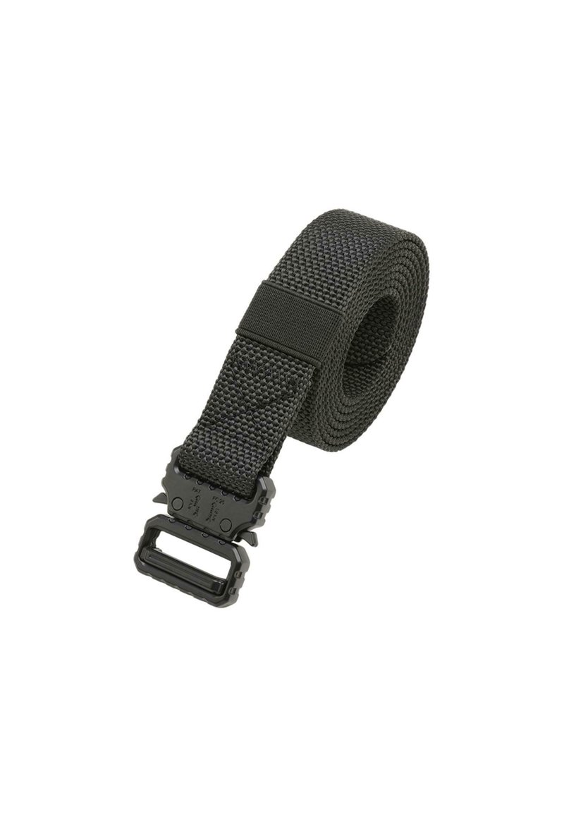 Black nylon belt with a textured weave and adjustable length. Features a durable plastic buckle and a smooth finish.