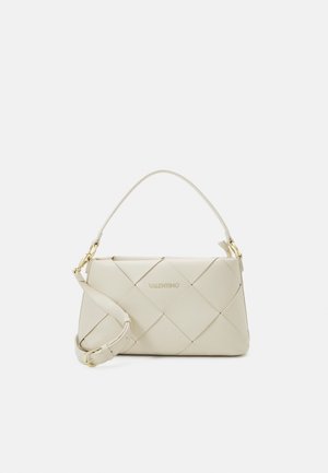 Cream-colored Valentino handbag with woven leather pattern, short handle, and detachable adjustable shoulder strap with gold hardware.