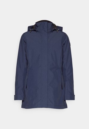 Giacca impermeabile blu navy con colletto alto, cappuccio regolabile e due tasche laterali. Presenta una linea dritta e un design elegante senza decorazioni aggiuntive.