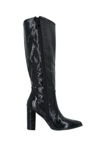 Botas negras de rodilla con textura de cocodrilo, punta afilada y tacón cuadrado; cuentan con una cremallera lateral para un fácil uso.
