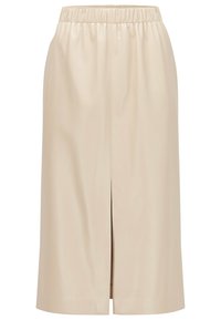 Knee-length beige leather skirt with an elastic waistband and a front slit, featuring a smooth texture and simple design.