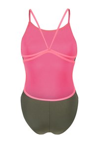 Jednoczęściowy kostium kąpielowy z różową siateczkową górą i oliwkowo-zielonym dołem. Regulowane ramiączka z kontrastowymi akcentami. Gładka faktura.