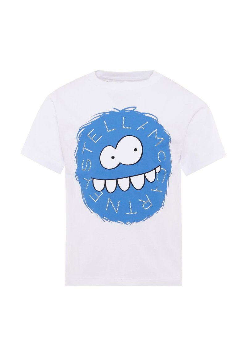 T-shirt in cotone bianco con una grande faccia di un personaggio dei cartoni animati blu, con occhi e bocca sovradimensionati, circondata da testo disposto in un motivo circolare.