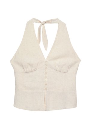 Krémový halter top vyrobený z texturované látky, s hlubokým V-výstřihem, předním zapínáním na knoflíky a zavazovacími ramínky.