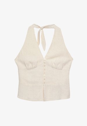 Halterska majica boje kreme od teksturiranog materijala, s dubokim V-izrezom, prednjim gumbima i vezanjem oko vrata.