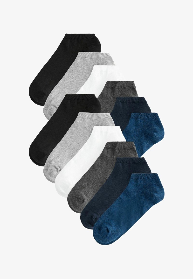 Juego de doce calcetines tobilleros bajos en colores negro, gris, blanco, azul oscuro y azul marino, dispuestos en filas superpuestas.
