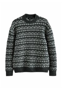 Pull en tricot vert foncé avec un motif géométrique blanc. Design à col rond, manches longues, et bords côtelés aux poignets et à l'ourlet. Texture douce.