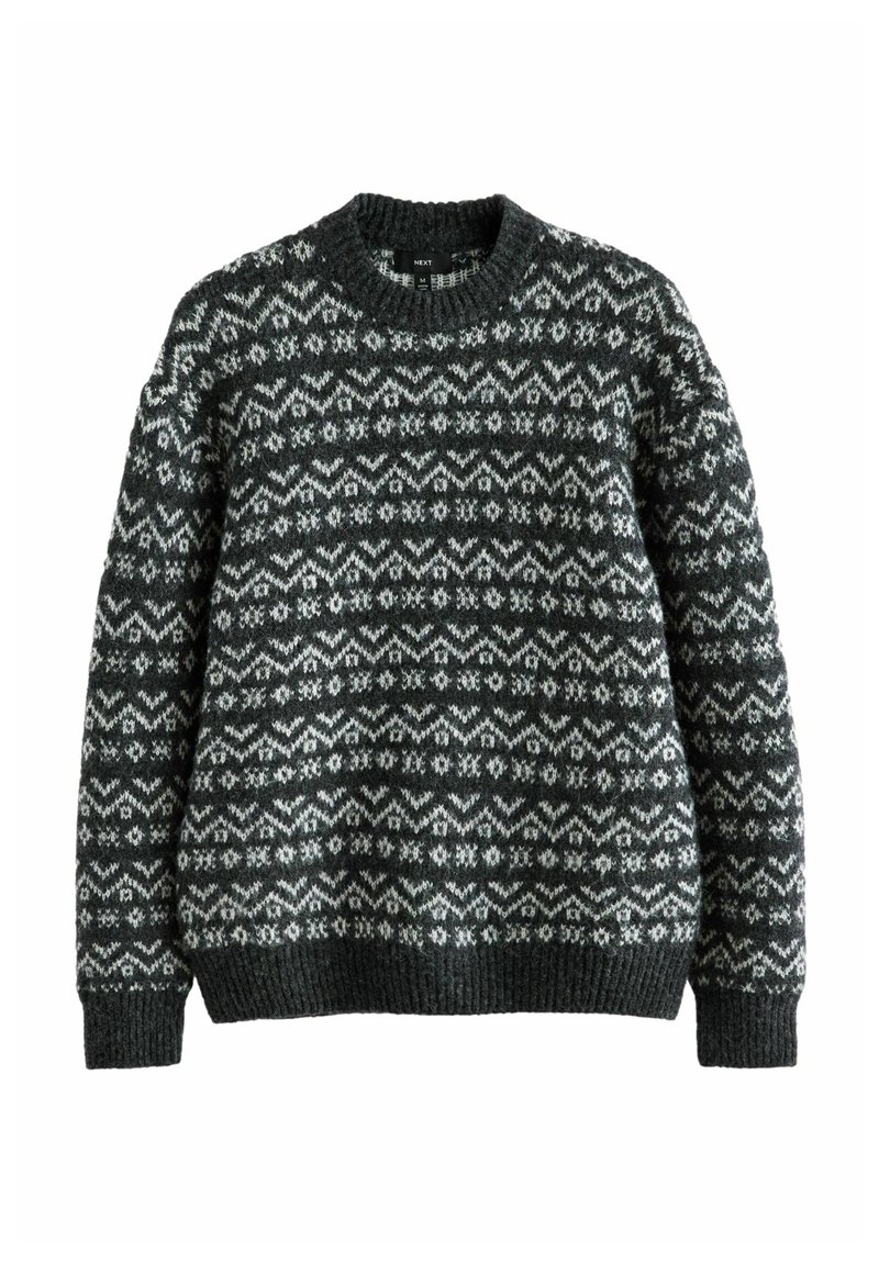 Pull en tricot vert foncé avec un motif géométrique blanc. Design à col rond, manches longues, et bords côtelés aux poignets et à l'ourlet. Texture douce.