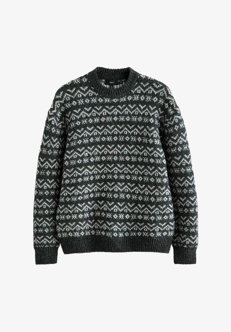 Pull en tricot vert foncé avec un motif géométrique blanc. Design à col rond, manches longues, et bords côtelés aux poignets et à l'ourlet. Texture douce.