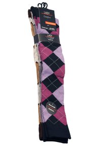 Calzini alti fino al ginocchio in rosa, viola, nero e marrone con motivo argyle. Realizzati in cotone ed elastan. Imballati con una gruccia nera.