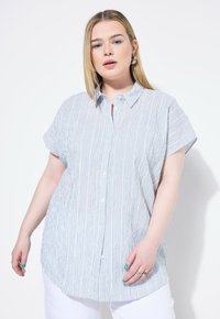 Gestreept short-sleeve overhemd met knopen in lichtblauw en wit, met een relaxte pasvorm, klassieke kraag en subtiele textuurstof.