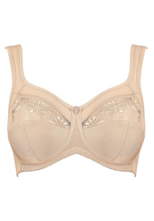 Soutien-gorge beige avec des détails brodés sur les coques, bretelles larges et texture de tissu lisse. Présente un accent de nœud central.