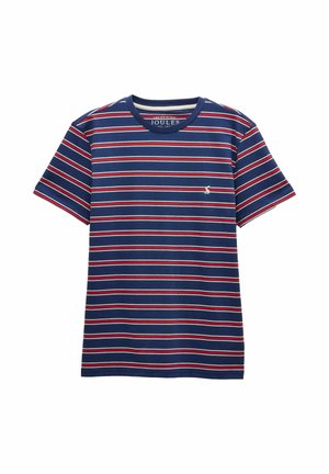 Navy blue short-sleeve t-shirt with white and red horizontal stripes and a small white embroidered logo on the chest.